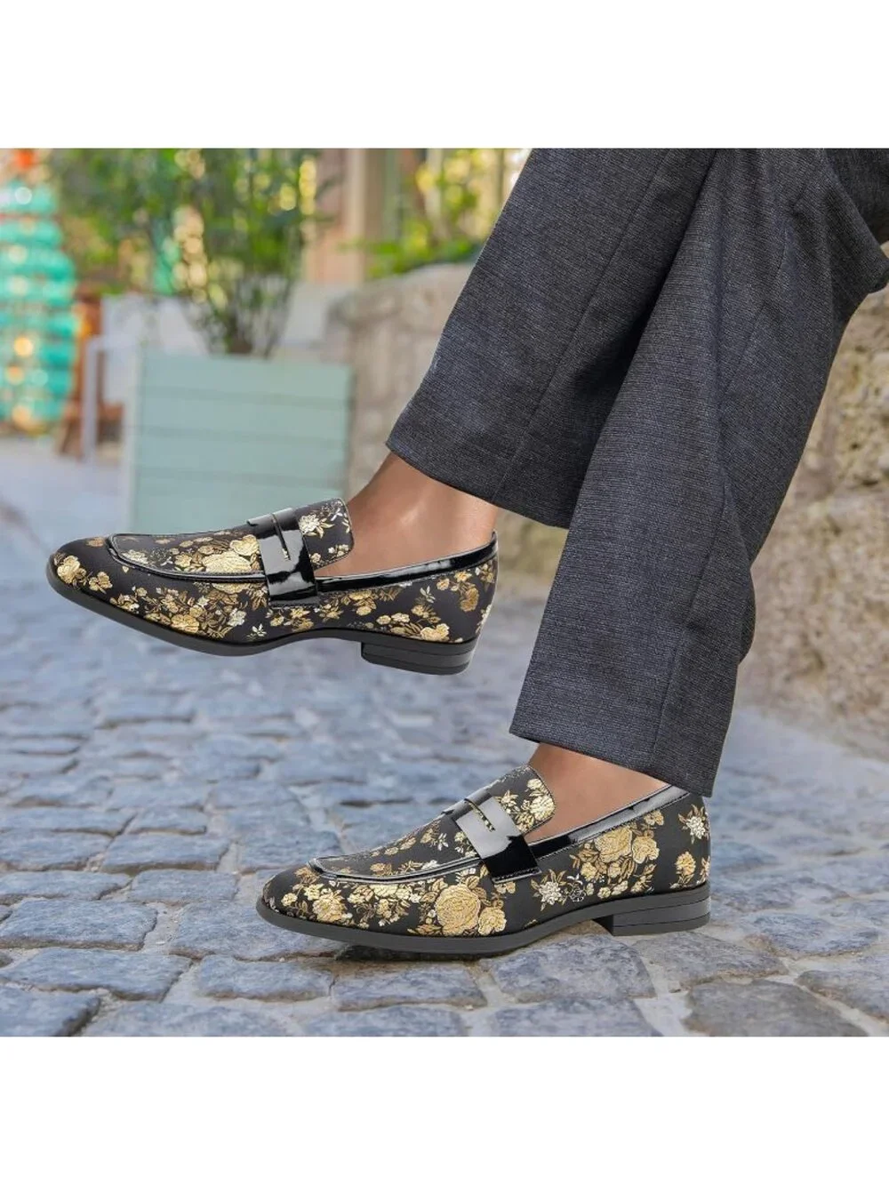 🆕Men's Black Gold Rubber Velvet Loafers Pull-On Dress Shoes Tuxedo Suit Shoes